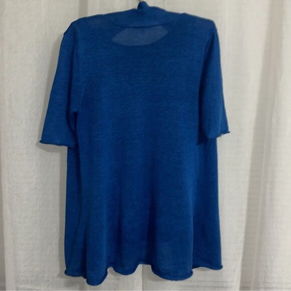 Eileen Fisher M Azure Blue Open Front Knit Short Sleeve Linen Cardigan - Picture 2 of 12